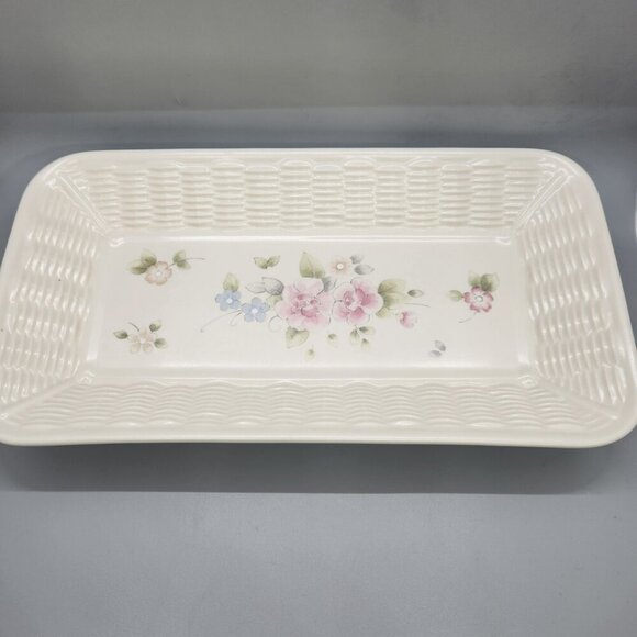 Pfaltzgraff Tea Rose Basket Weave Rectangular Bread Serving Tray Floral - Picture 1 of 7